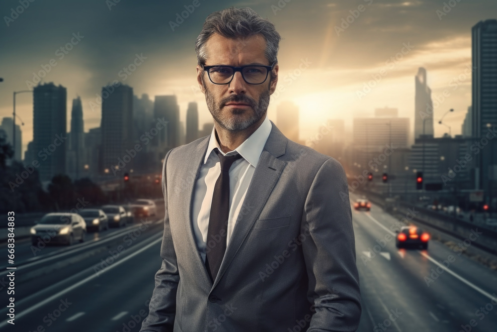 Poster a man dressed in a suit and tie standing on a highway. this image can be used to depict concepts of 