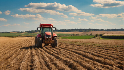 Naklejka premium Countryside. A farmer on a modern combine harvests crops in a huge open-air field. Sunny day on the farm. An industrial harvester carefully harvests crops from a vast field in the countryside