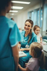 Obraz premium A woman wearing a blue scrub suit sitting in a room surrounded by a group of children.