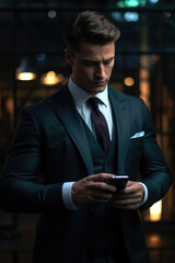 A man dressed in a suit is seen looking at his cell phone. This image can be used to represent modern communication, business, technology, or professional lifestyle
