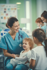 A woman wearing a blue scrub suit is gently holding a baby. This image can be used to depict healthcare professionals, motherhood, family, or the bond between a caregiver and a child