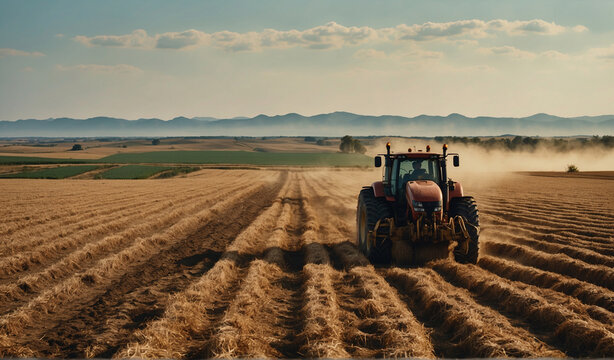 A modern, technologically advanced combine harvests crops on a spacious open-air field on a sunny day. Agricultural industry process. Outdoors on a sunny day, a farmer uses a modern combine harvester
