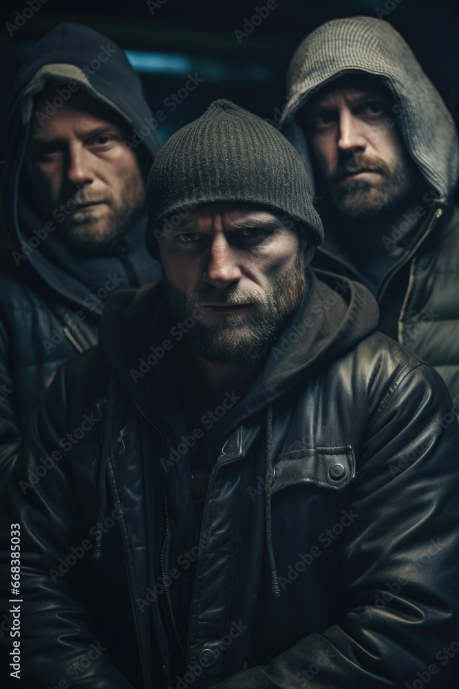 Poster a group of men standing next to each other. can be used to depict teamwork, friendship, or a profess