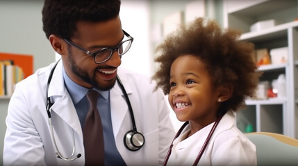 un médecin pédiatre avec le sourire et un enfant génération IA