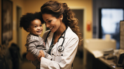 un médecin pédiatre avec le sourire et un enfant génération IA - obrazy, fototapety, plakaty