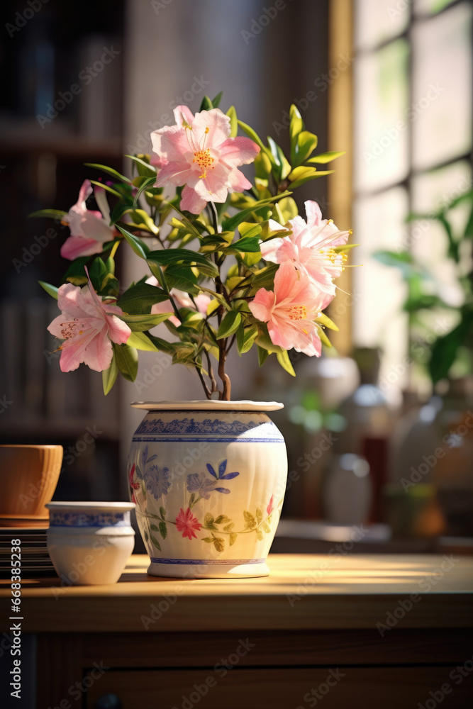 Poster a vase filled with pink flowers sitting on top of a table. this picture can be used to add a touch o