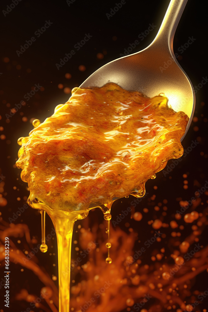 Poster a close-up image capturing a spoon full of honey as it drips down. this versatile image can be used 