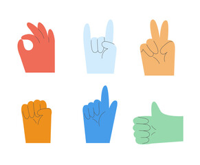 Obraz premium Cartoon hands abstract drawn comic. Set of Hand multicolored different signs and symbols. Drawing style Sticker decals.