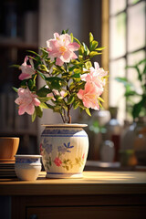 A vase filled with pink flowers sitting on top of a table. This picture can be used to add a touch of elegance and beauty to any project or design