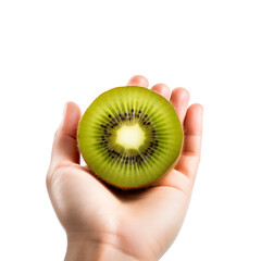 Hand holding kiwi fruit over isolated transparent background