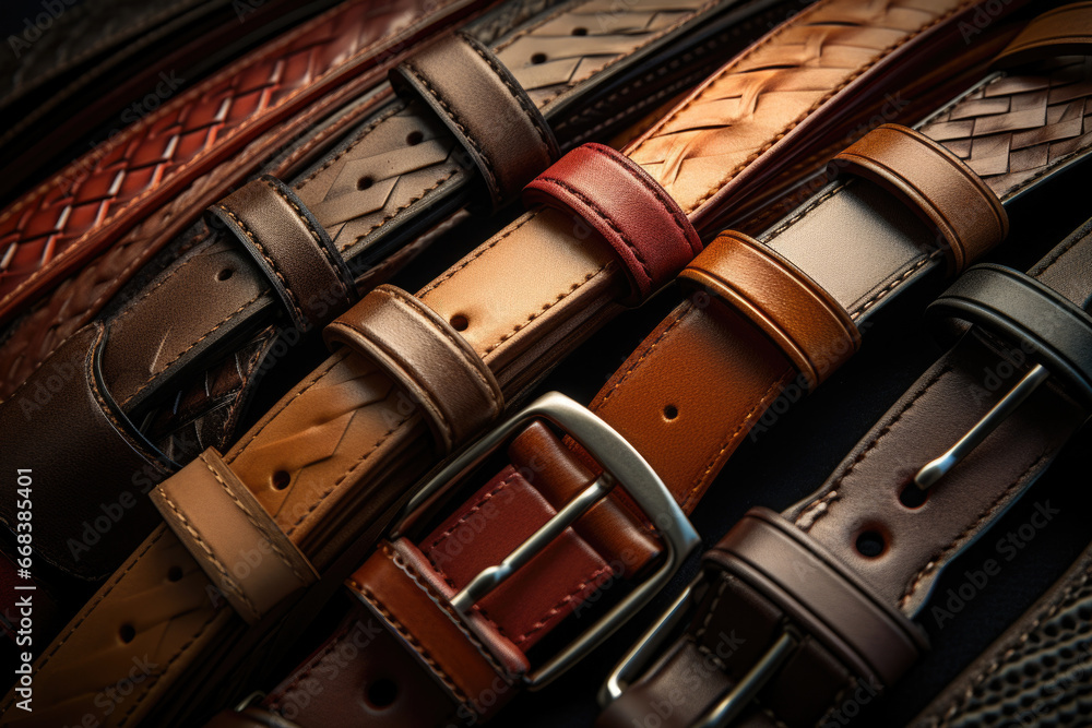 Poster A close-up view of a variety of different colored belts. This versatile image can be used to represent fashion, accessories, style, or even diversity.