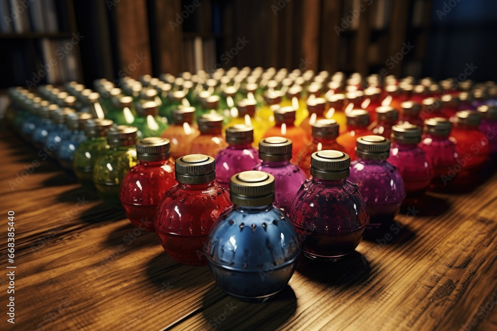 Poster a group of bottles of liquid sitting on top of a wooden table. this versatile image can be used to s