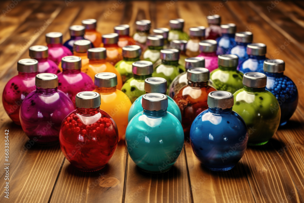 Poster A group of colorful glass bottles sitting on top of a wooden table. Perfect for adding a pop of color to any space
