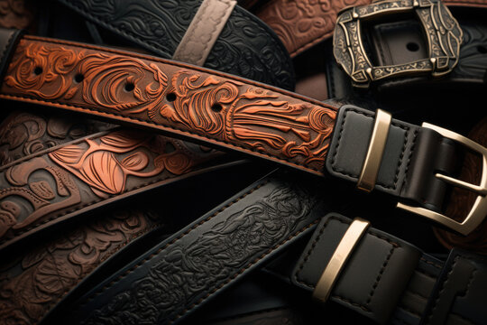 A close up view of a leather belt placed on a table. This image can be used in fashion-related blogs, articles, or e-commerce websites