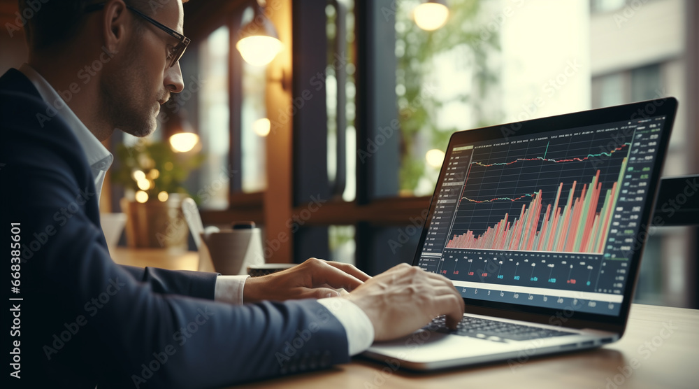 Poster finance with a professional businessman use using laptop and tablet analyzing financial data, graph 