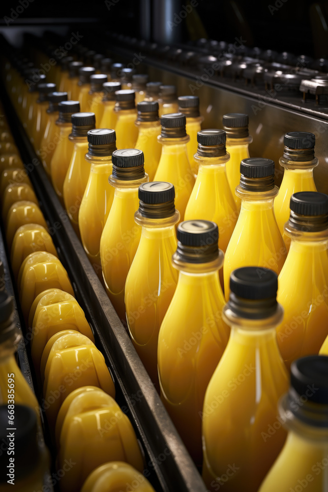 Poster A conveyor belt with a continuous flow of orange juice bottles. This image can be used to depict a production line, manufacturing process, or beverage industry