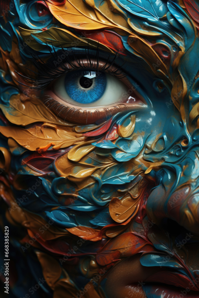 Poster A close-up photograph showcasing a person's face with vibrant paint applied on it. This unique image can be used for artistic projects or to represent creativity and self-expression
