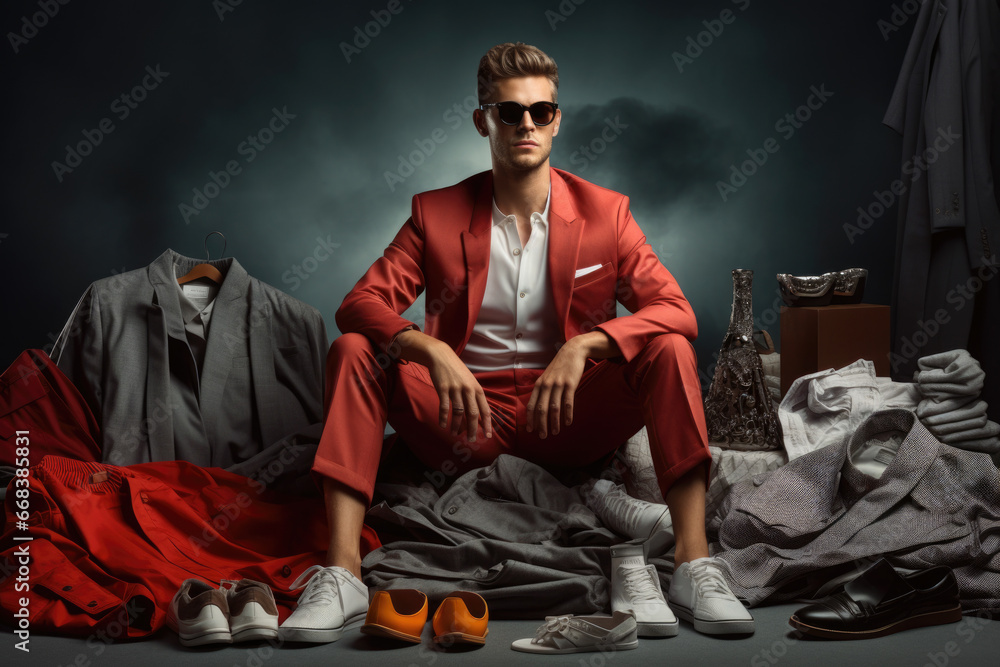 Poster a man wearing a red suit sitting on top of a pile of clothes. this image can be used to portray fash