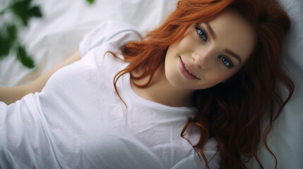 A beautiful young girl with red hair wearing a white t-shirt, skin care, hair care
