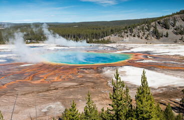 colorful Grand Prismatic Spring area from the overlook point, Midway Geyser Basin, Yellowstone National Park, Wyoming, US