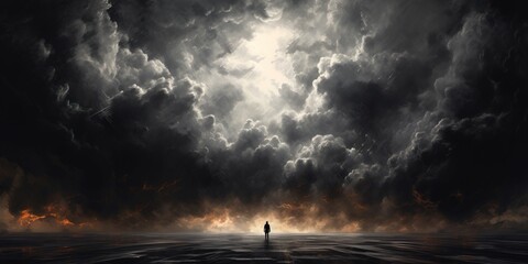 Illustration representing depression and mental health with man standing in front of huge storm - obrazy, fototapety, plakaty