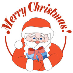 Santa Claus holds a gift in a red round frame with a Merry Christmas wish on top. Cartoon vector illustration for cards, prints, stickers