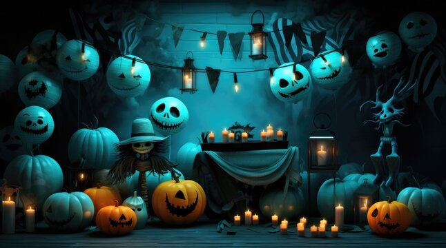 A halloween scene with pumpkins and candles