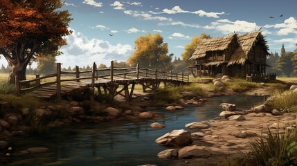a tranquil riverbank with a rustic wooden bridge, its aged planks adding to the charm of the peaceful, scenic landscape
