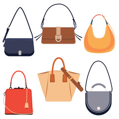 Set of  luxury fashion bags. Woman  luxury modern hand bag with handle, beautiful clutch and accessory vector set