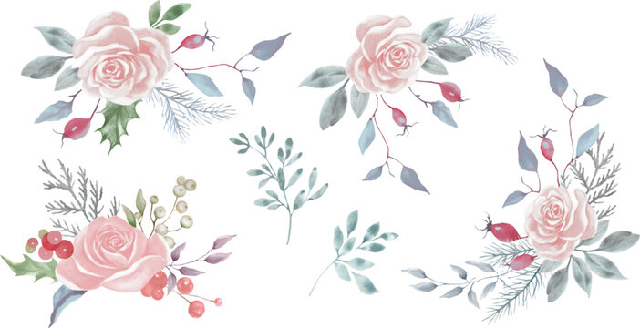 Watercolor floral Christmas set. Hand drawn bouquets isolated on white background. Rose flowers,  rosehip, spruce, leaves. Vector EPS.