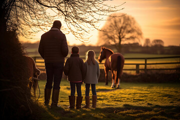Family on the country side, sunset hour - obrazy, fototapety, plakaty