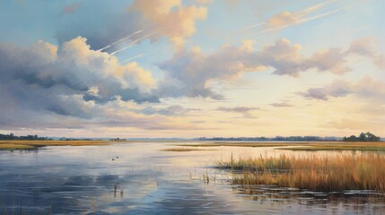 a vast, flatland lake reflecting the wide-open sky, with reeds gently swaying in the breeze