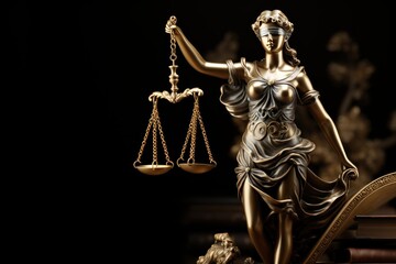 Statue of justice and scales of justice on a black background. Law and justice concept with a copy space.