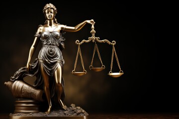Statue of justice with scales of justice on dark background. Law concept. Law and justice concept with a copy space.