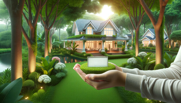 An elegant home facade and a beautiful garden, extensive copy space. Insurance concept, Real Estate concept. Ai generative.