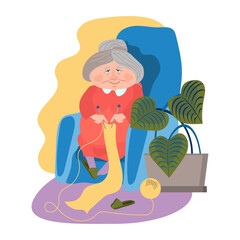 Granny is sitting in an armchair and knitting a scarf. Vector illustration