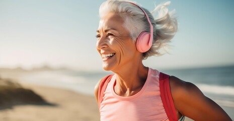 Radiant Senior Woman Enjoying a Beachside Workout. Generative ai