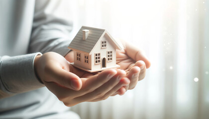 A model house resting on open palms. Insurance concept. Real estate concept  Ai generative.