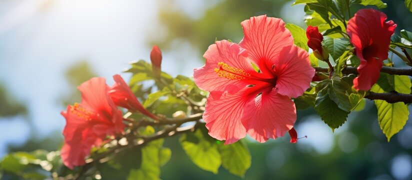 Fototapeta Gorgeous hibiscus flower on a tree in natural daylight