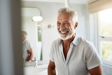 Naklejka na ściany i meble Content Senior Man Reflecting in the Bathroom Mirror. Generative ai