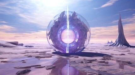 Abstract fantasy alien glass spaceship on barren desert planet landscape. Crystal prism monolith...