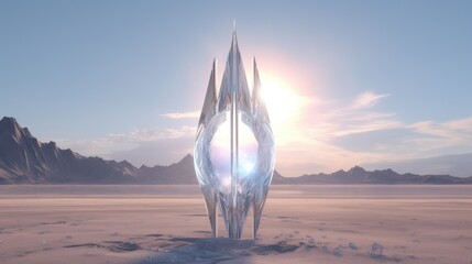 Abstract fantasy alien glass spaceship on barren desert planet landscape. Crystal prism monolith sculpture sparkling in the sun. 