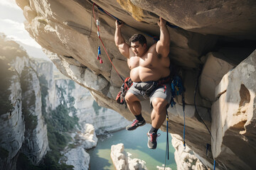 Really really fat Rock climber hanging from a limestone overhang - obrazy, fototapety, plakaty