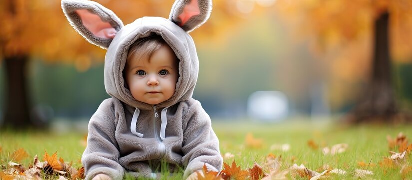 Girl child in bunny outfit seated on park grass with chubby cheeks