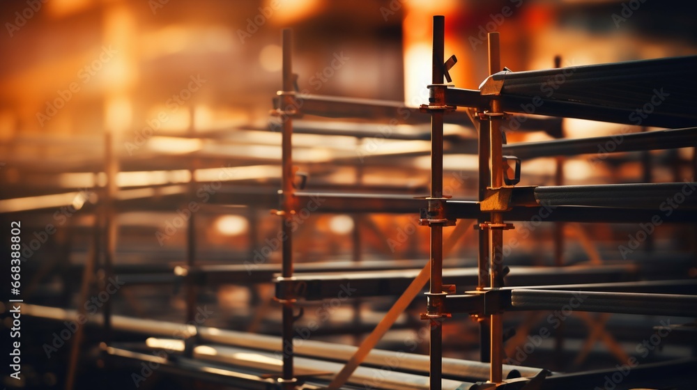 Poster golden hour illuminating construction scaffolding. generative ai