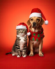 Two pets celebrating: joyful dog and cat against a red Christmas backdrop.