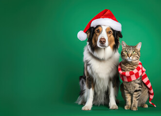 Holiday-themed portrait of a dog in a Santa Claus hat and a cat wrapped in a candy cane-patterned scarf. - 668388806
