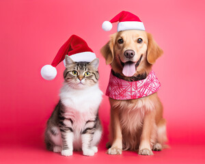 Joyful dog in a Santa hat and cat posed on a pink backdrop.