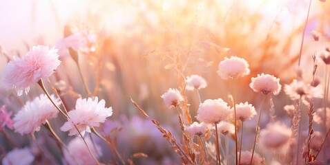Sun-kissed meadow: Delicate blossoms dancing in the warm golden light.
