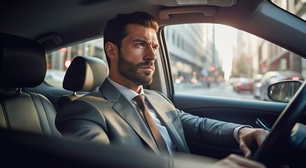 Fototapeta na wymiar Focused Businessman Driving to Work: Side View Perspective. Generative ai
